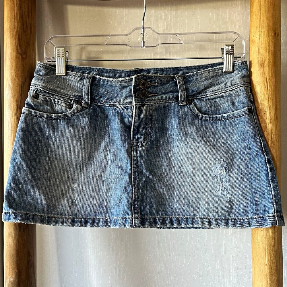 Y2K Forever 21 Women's Blue Solid Denim Mini Skirt w/ Pockets Button, Size S